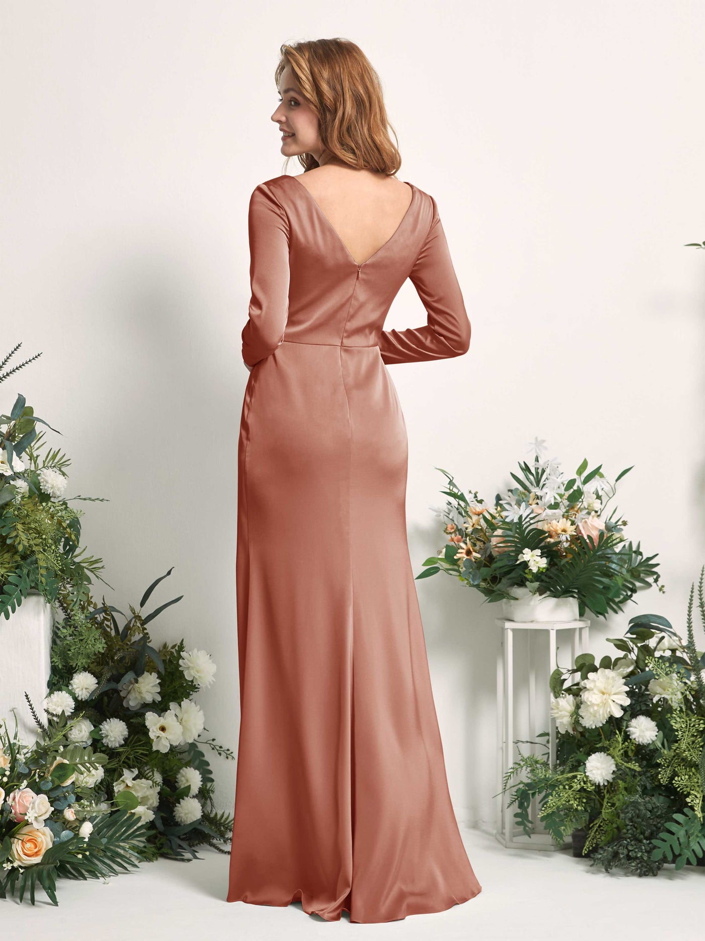 Raw Sienna Bridesmaid Dresses Bridesmaid Dress A-line Satin V-neck Full Length Long Sleeves Wedding Party Dress (80225815)#color_raw-sienna