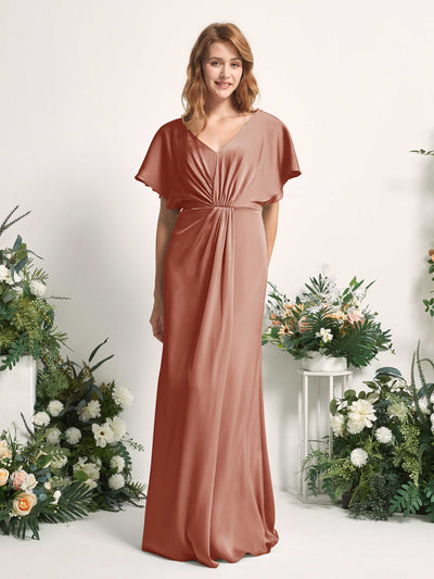 Raw Sienna Bridesmaid Dresses Bridesmaid Dress A-line Satin V-neck Full Length Short Sleeves Wedding Party Dress (80225515)#color_raw-sienna