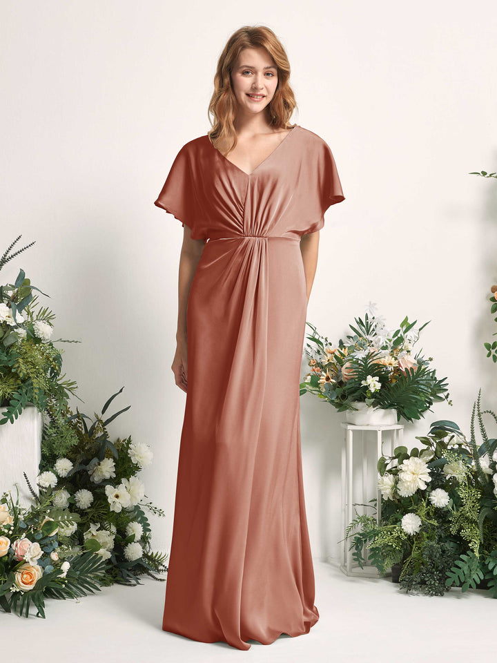 Raw Sienna Bridesmaid Dresses Bridesmaid Dress A-line Satin V-neck Full Length Short Sleeves Wedding Party Dress (80225515)