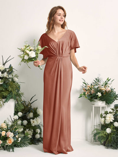 Carlyna Bailey A-Line Raw Sienna Satin Bridesmaid Dress Maxi Cap Sleeve V-Neck Dress Side View 2 #color_raw-sienna