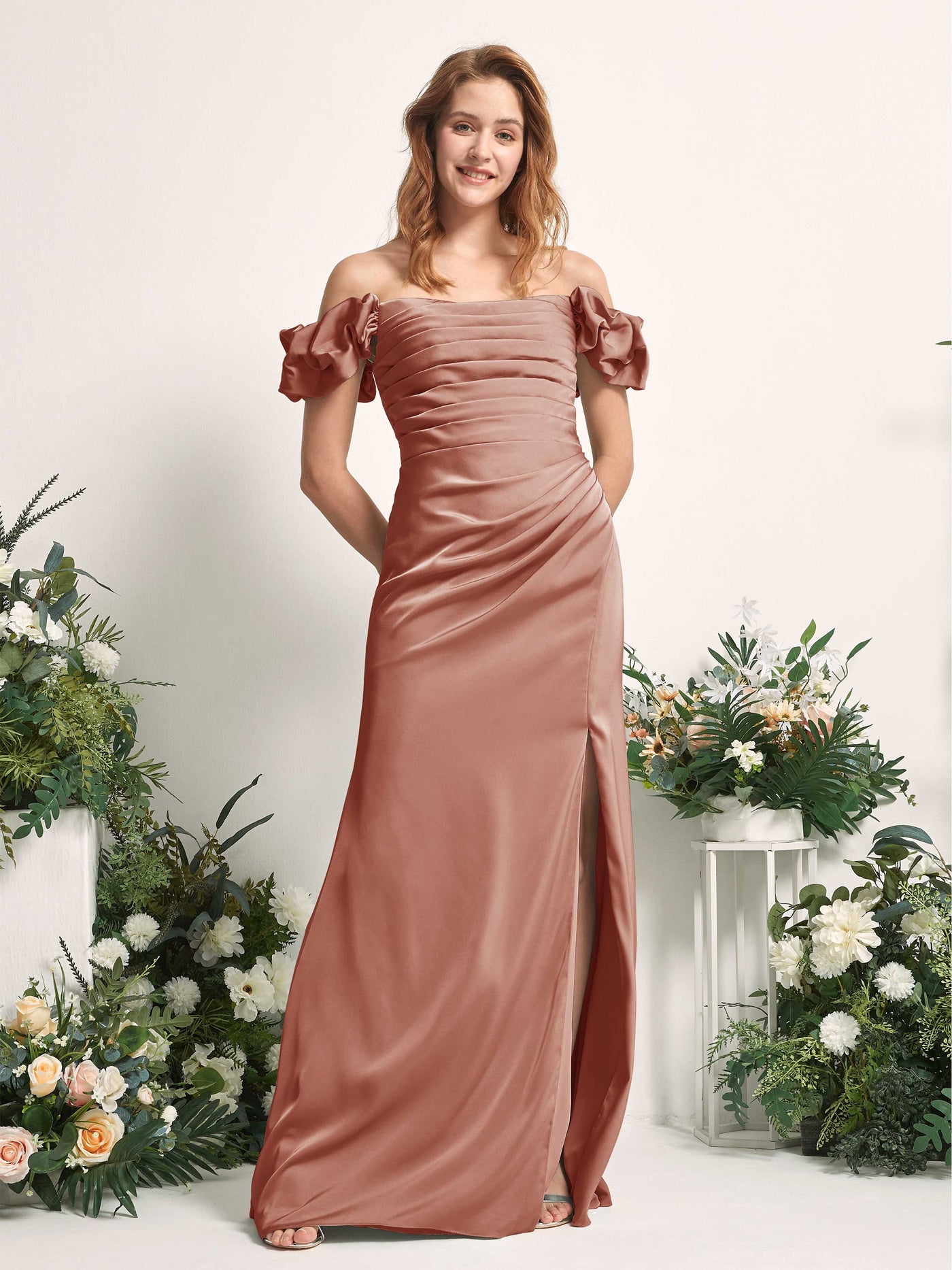 Raw Sienna Bridesmaid Dresses Bridesmaid Dress A-line Satin Off Shoulder Full Length Short Sleeves Wedding Party Dress (80226415)#color_raw-sienna