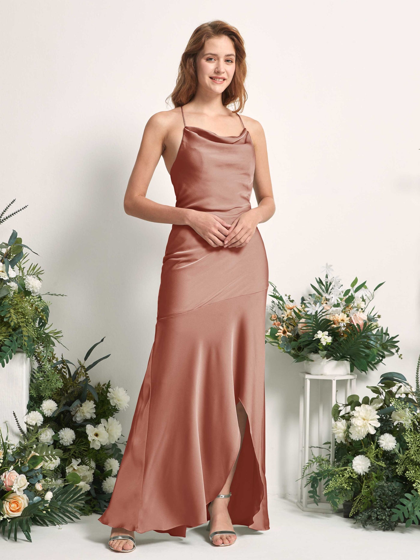 Raw Sienna Bridesmaid Dresses Bridesmaid Dress Mermaid/Trumpet Satin Spaghetti-straps High Low Sleeveless Wedding Party Dress (80226115)#color_raw-sienna
