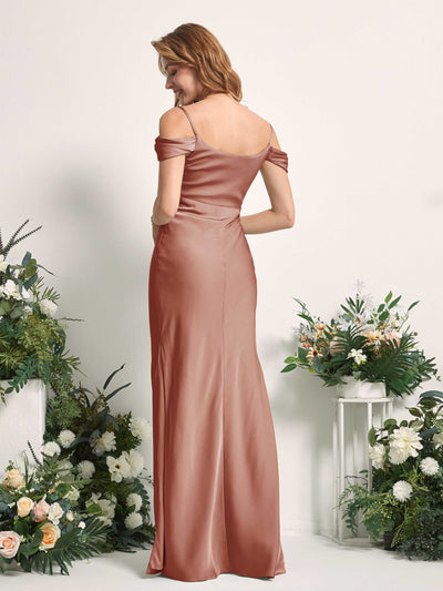 Carlyna Alexis Mermaid Raw Sienna Satin Bridesmaid Dress Maxi Sleeveless Cowl Neck Dress Back View #color_raw-sienna