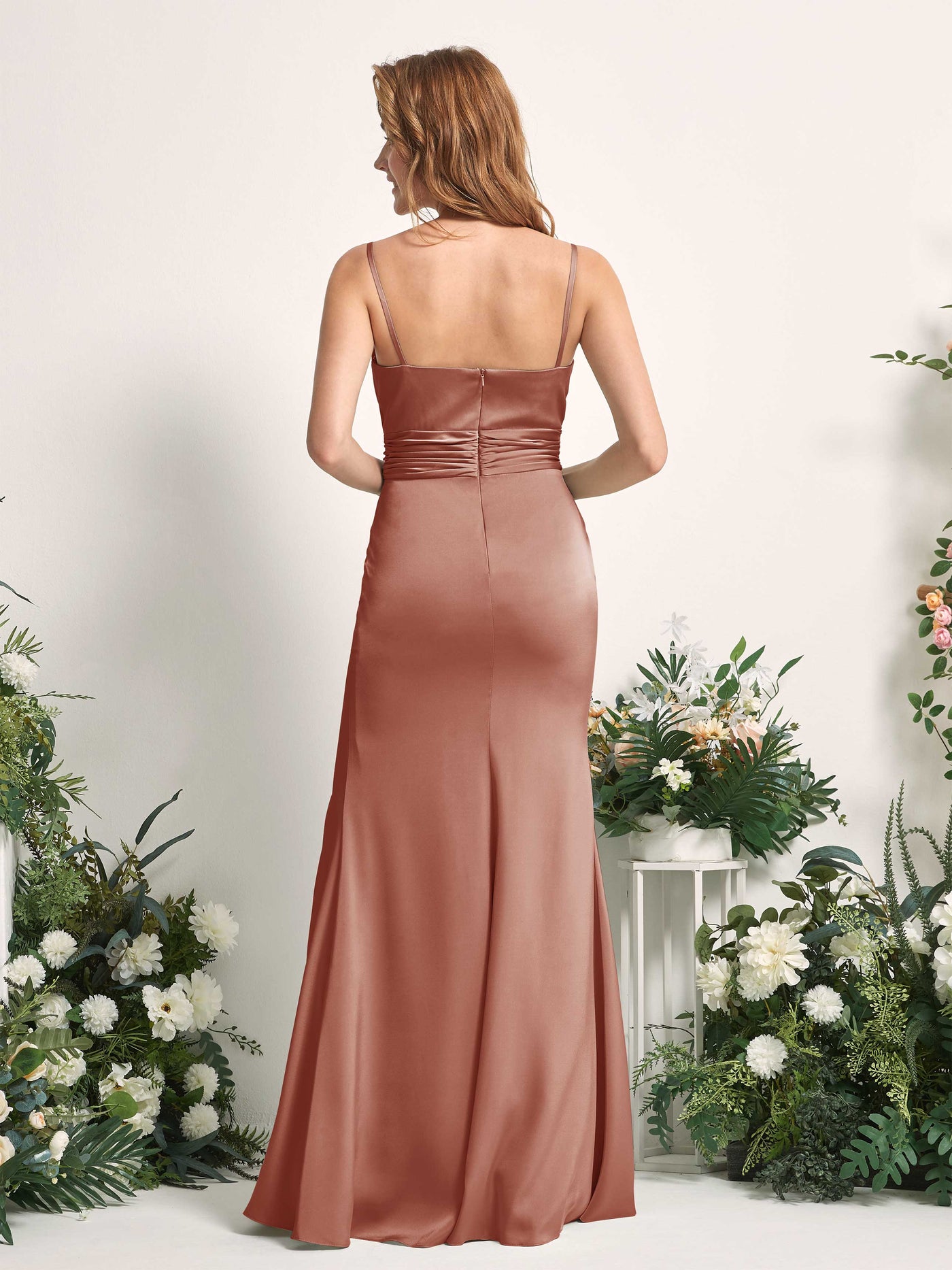 Raw Sienna Bridesmaid Dresses Bridesmaid Dress Mermaid/Trumpet Satin Spaghetti-straps Full Length Sleeveless Wedding Party Dress (80226315)#color_raw-sienna