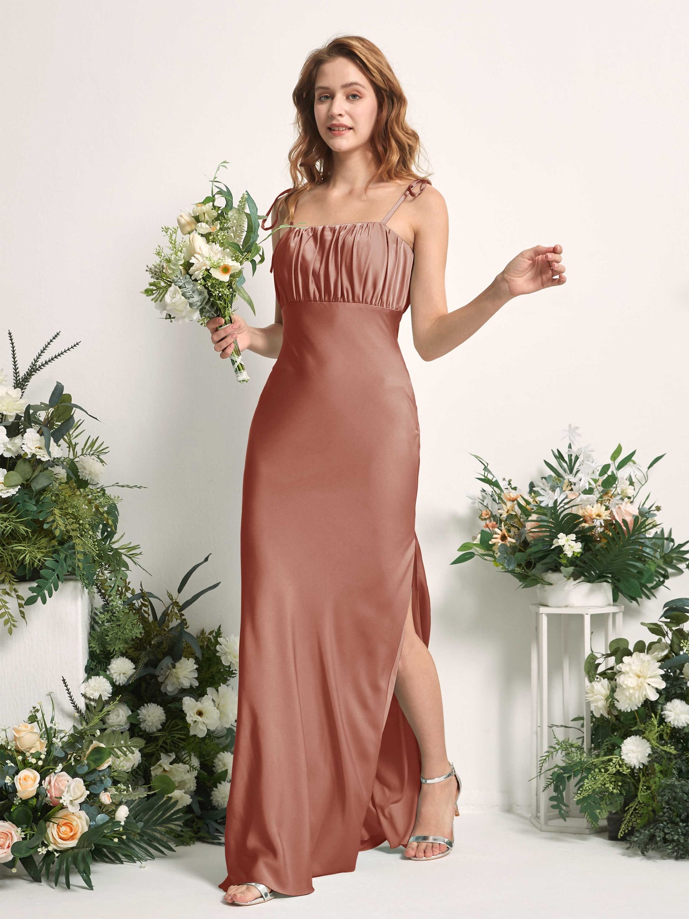 Raw Sienna Bridesmaid Dresses Bridesmaid Dress Mermaid/Trumpet Satin Spaghetti-straps Full Length Sleeveless Wedding Party Dress (80225415)#color_raw-sienna