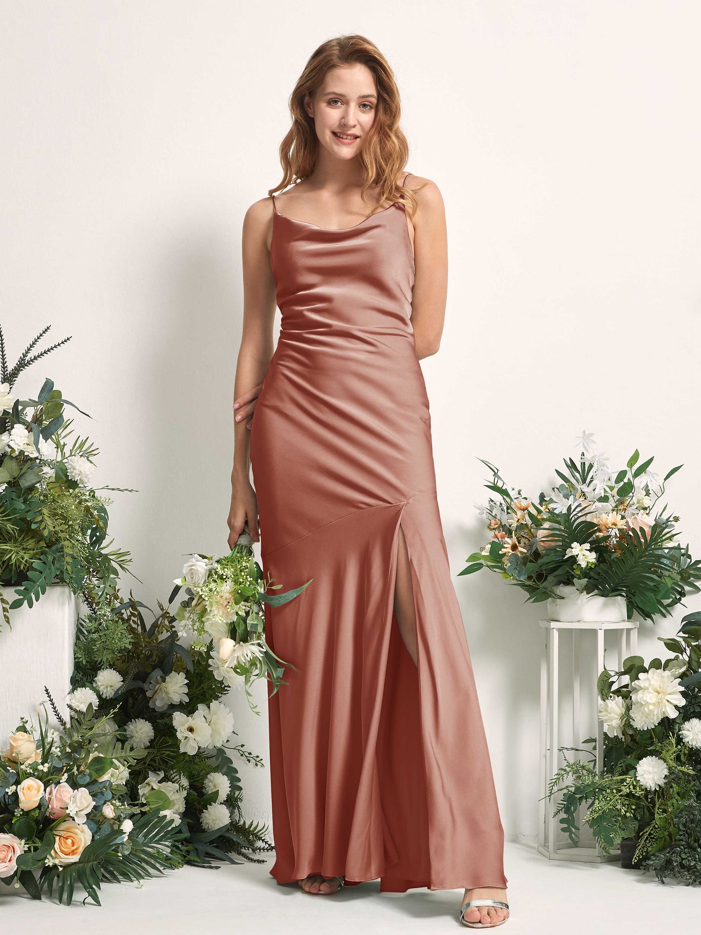 Raw Sienna Bridesmaid Dresses Bridesmaid Dress Mermaid/Trumpet Satin Spaghetti-straps Full Length Sleeveless Wedding Party Dress (80225615)#color_raw-sienna