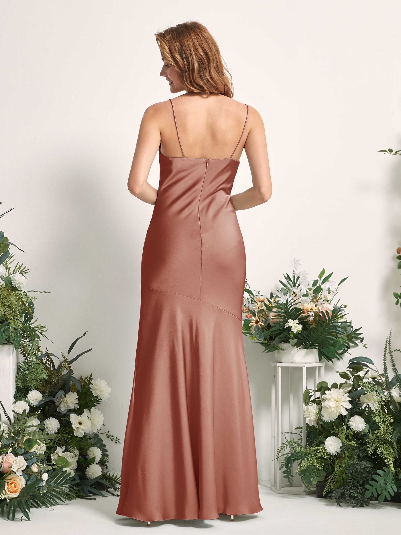 Raw Sienna Bridesmaid Dresses Bridesmaid Dress Mermaid/Trumpet Satin Spaghetti-straps Full Length Sleeveless Wedding Party Dress (80225615)#color_raw-sienna