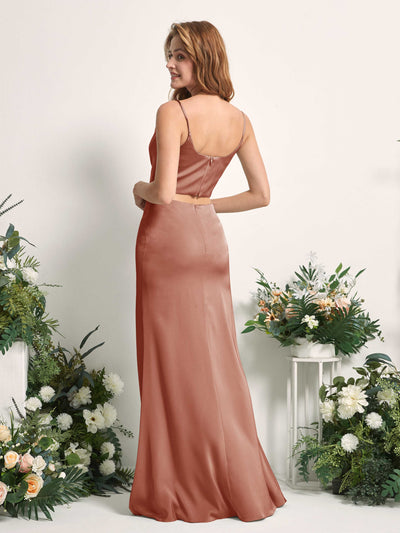 Carlyna Felicity Two-Piece Raw Sienna Satin Bridesmaid Dress Maxi Sleeveless Cowl Neck Dress Back View #color_raw-sienna