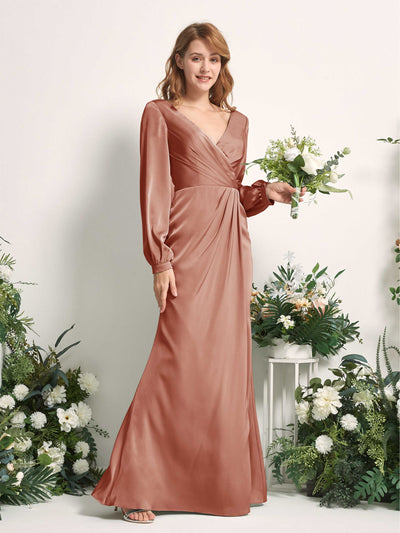 Raw Sienna Bridesmaid Dresses Bridesmaid Dress Ball Gown Satin V-neck Full Length Long Sleeves Wedding Party Dress (80225115)#color_raw-sienna