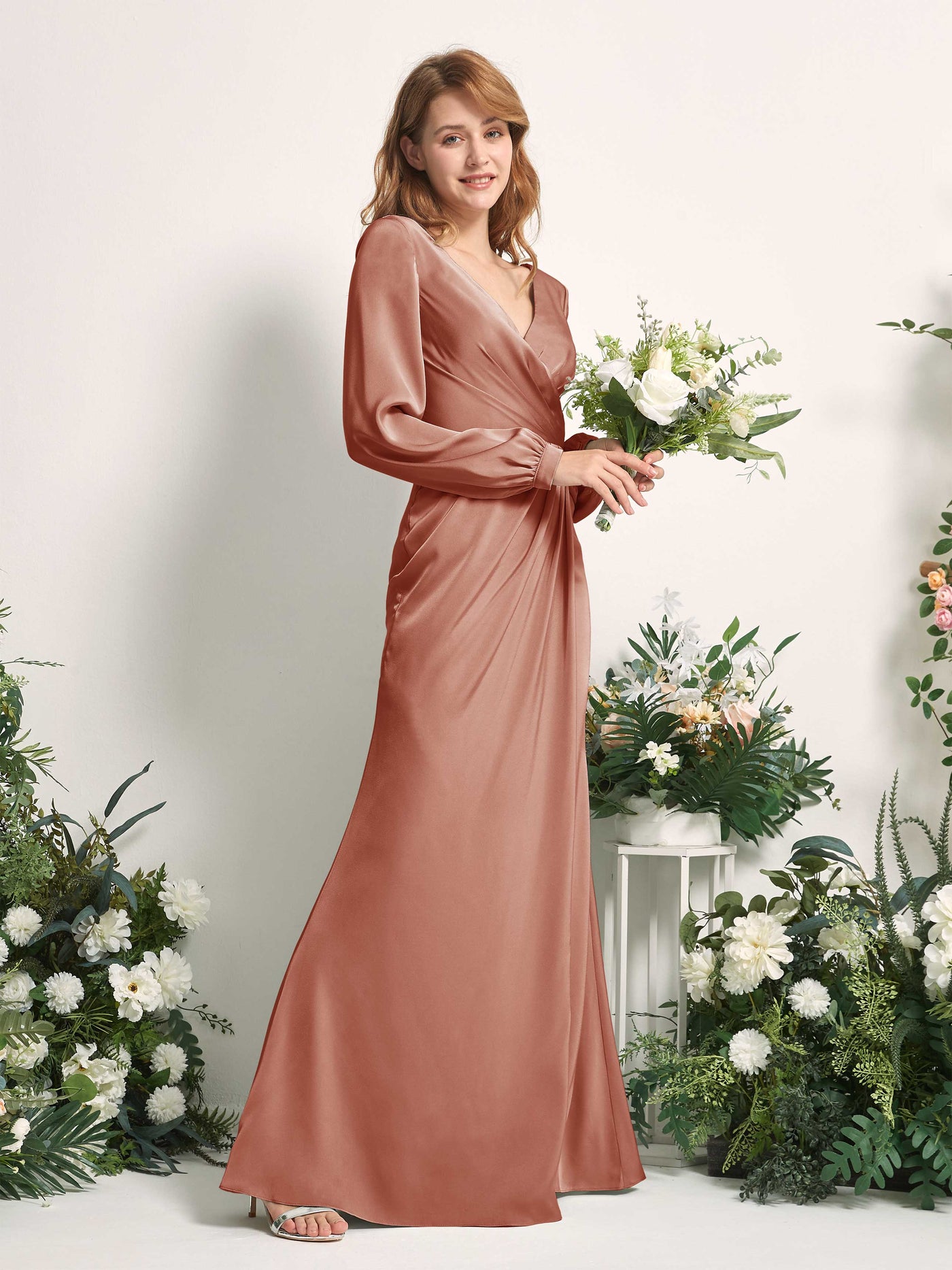 Raw Sienna Bridesmaid Dresses Bridesmaid Dress Ball Gown Satin V-neck Full Length Long Sleeves Wedding Party Dress (80225115)#color_raw-sienna