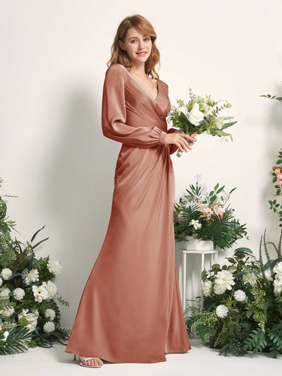 Carlyna Taylor Mermaid Raw Sienna Satin Bridesmaid Dress Maxi Long Sleeve V-Neck Side View 2 #color_raw-sienna