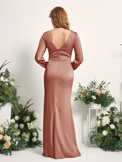 Carlyna Taylor Mermaid Raw Sienna Satin Bridesmaid Dress Maxi Long Sleeve V-Neck Back View #color_raw-sienna