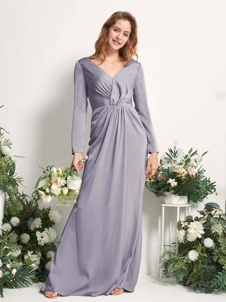 Purple Haze Bridesmaid Dresses Bridesmaid Dress A-line Satin V-neck Full Length Long Sleeves Wedding Party Dress (80225850)