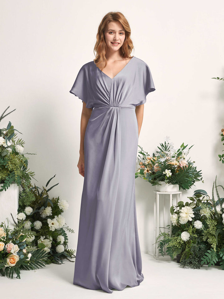 Purple Haze Bridesmaid Dresses Bridesmaid Dress A-line Satin V-neck Full Length Short Sleeves Wedding Party Dress (80225550)