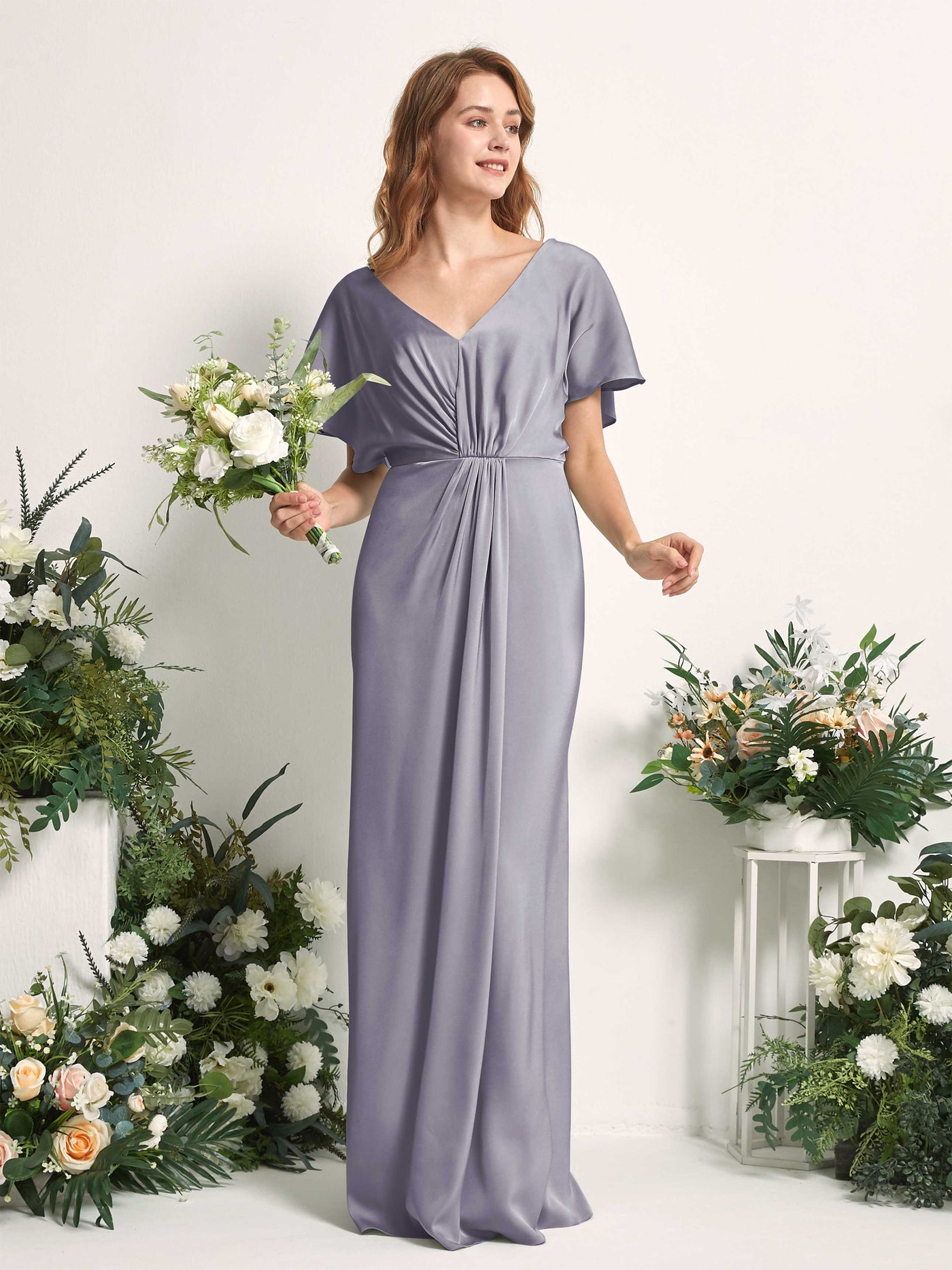 Purple Haze Bridesmaid Dresses Bridesmaid Dress A-line Satin V-neck Full Length Short Sleeves Wedding Party Dress (80225550)#color_purple-haze