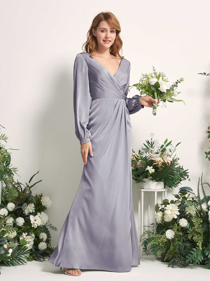 Purple Haze Bridesmaid Dresses Bridesmaid Dress Ball Gown Satin V-neck Full Length Long Sleeves Wedding Party Dress (80225150)