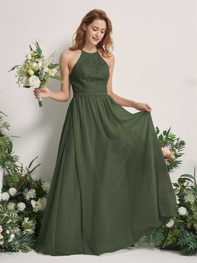 Carlyna Denise A-Line Martini Olive Embroidered Bridesmaid Dress Maxi Sleeveless Round Neck Dress Front View #color_martini-olive