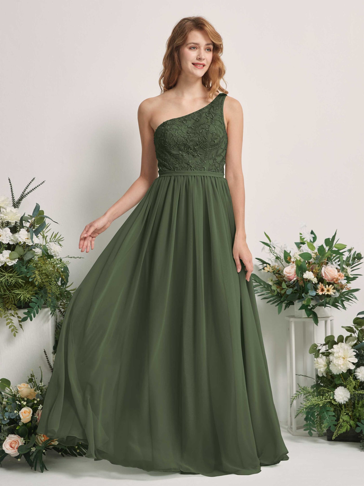 Martini Olive Bridesmaid Dresses A-line Open back One Shoulder Sleeveless Dresses (83220507)#color_martini-olive