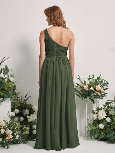 Carlyna Bonita A-Line Martini Olive Embroidered Bridesmaid Dress Maxi Sleeveless One Shoulder Dress Back View #color_martini-olive