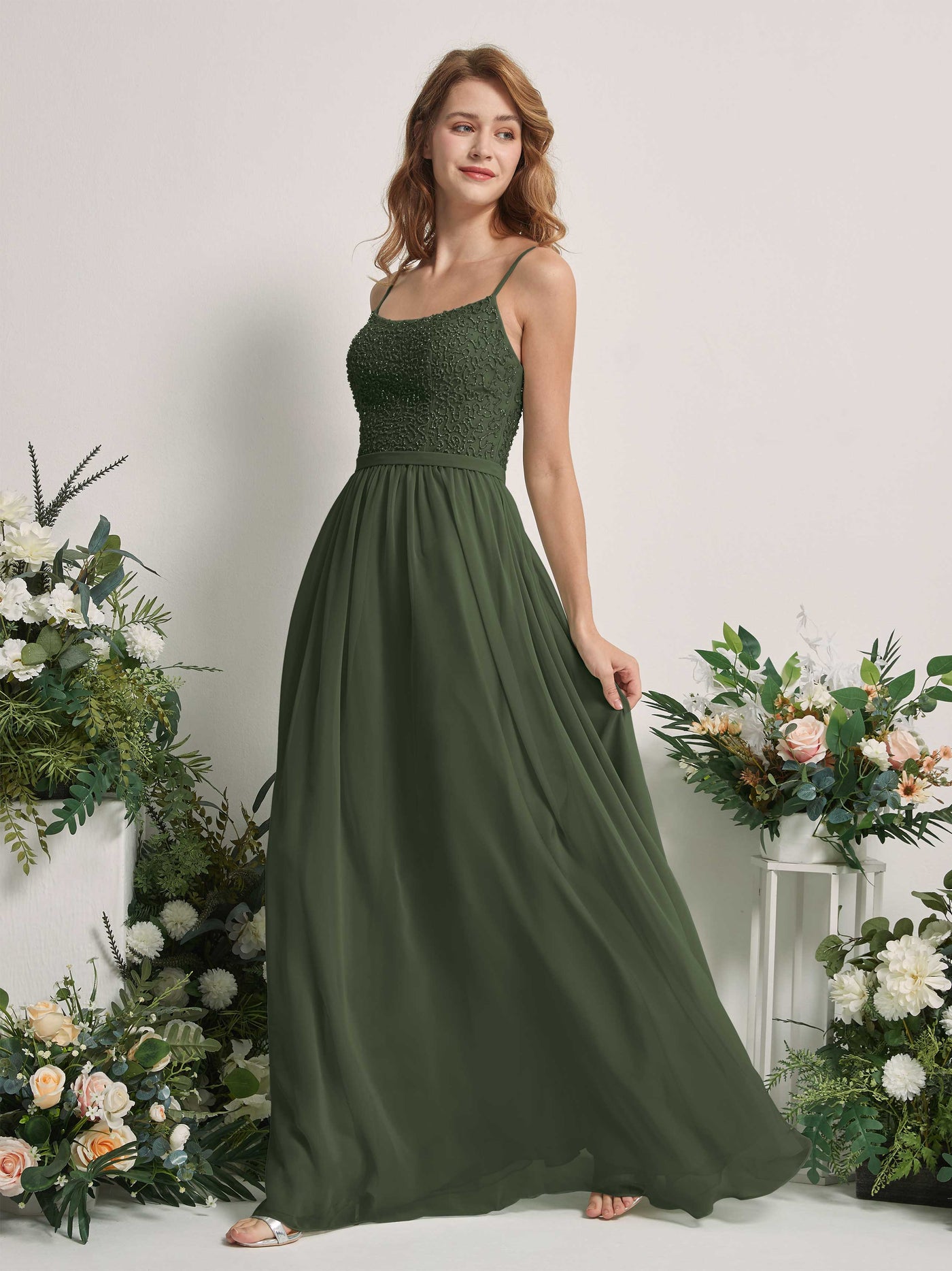 Martini Olive Bridesmaid Dresses A-line Open back Spaghetti-straps Sleeveless Dresses (83220107)#color_martini-olive