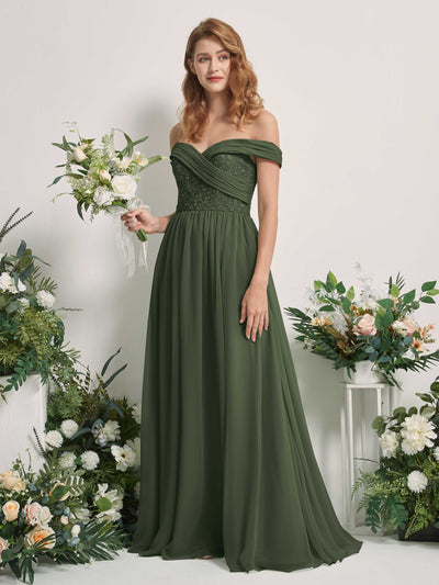 Carlyna Leona A-Line Martini Olive Embroidered Bridesmaid Dress Maxi Sleeveless Sweetheart Dress Front View #color_martini-olive