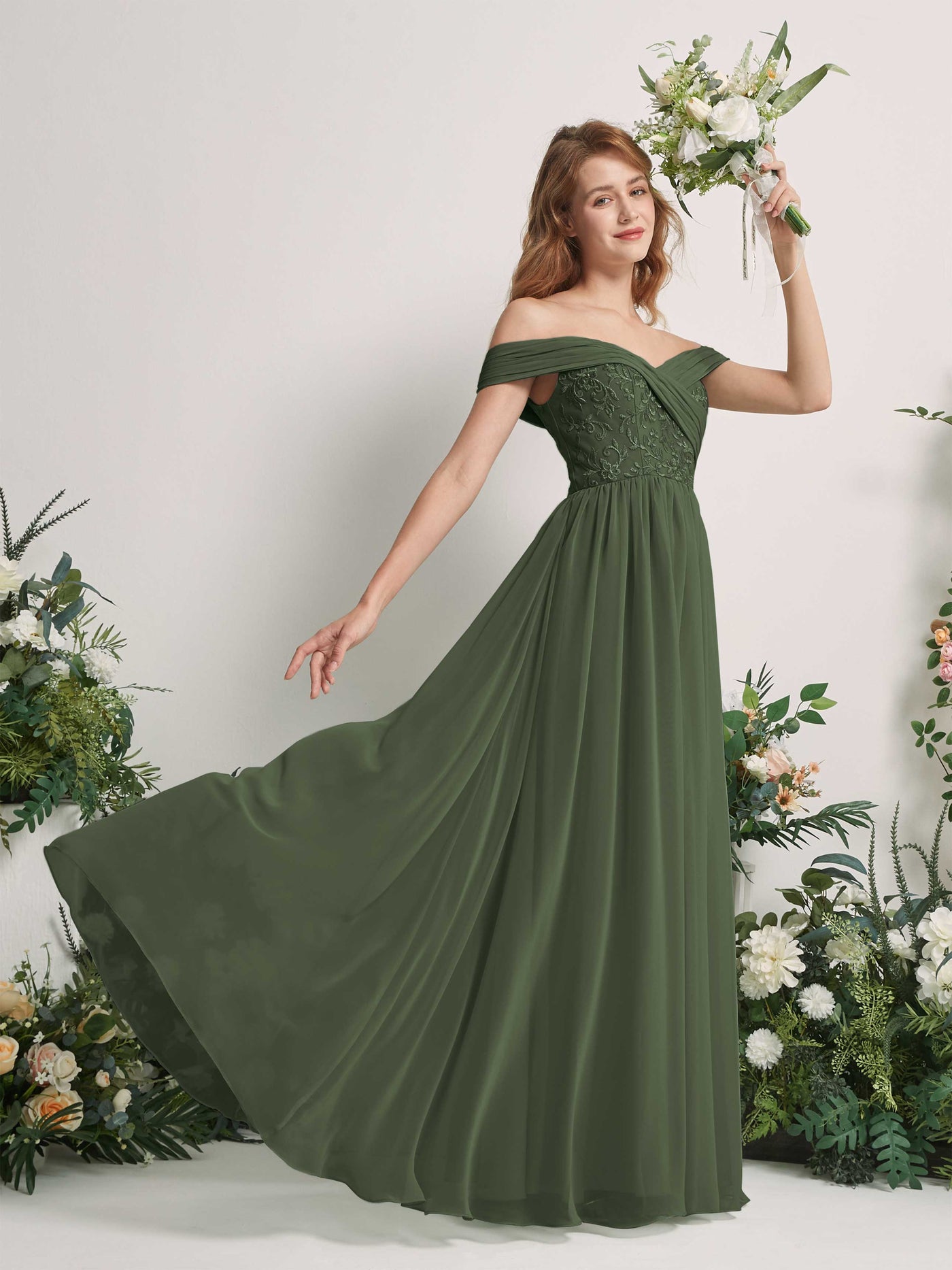 Martini Olive Bridesmaid Dresses Ball Gown Off Shoulder Sleeveless Chiffon Dresses (83220407)#color_martini-olive