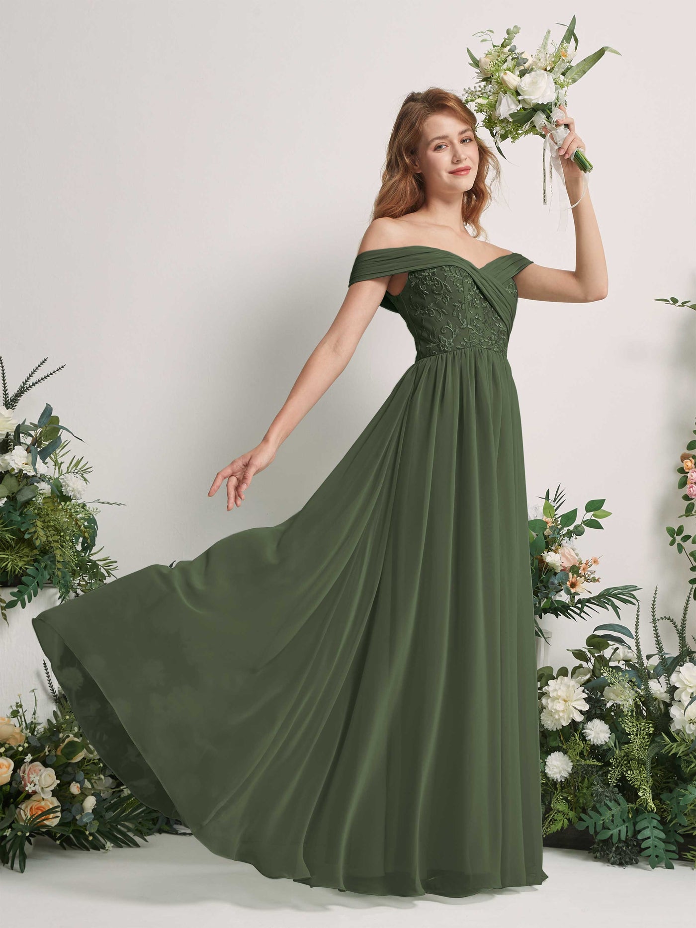 Martini Olive Chiffon Bridesmaid Dress A-Line Maxi Off-the-Shoulder