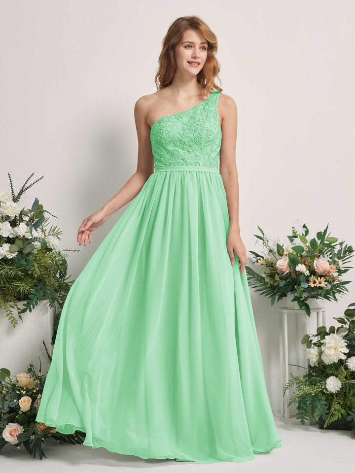 Mint Green Bridesmaid Dresses A-line Open back One Shoulder Sleeveless Dresses (83220522)