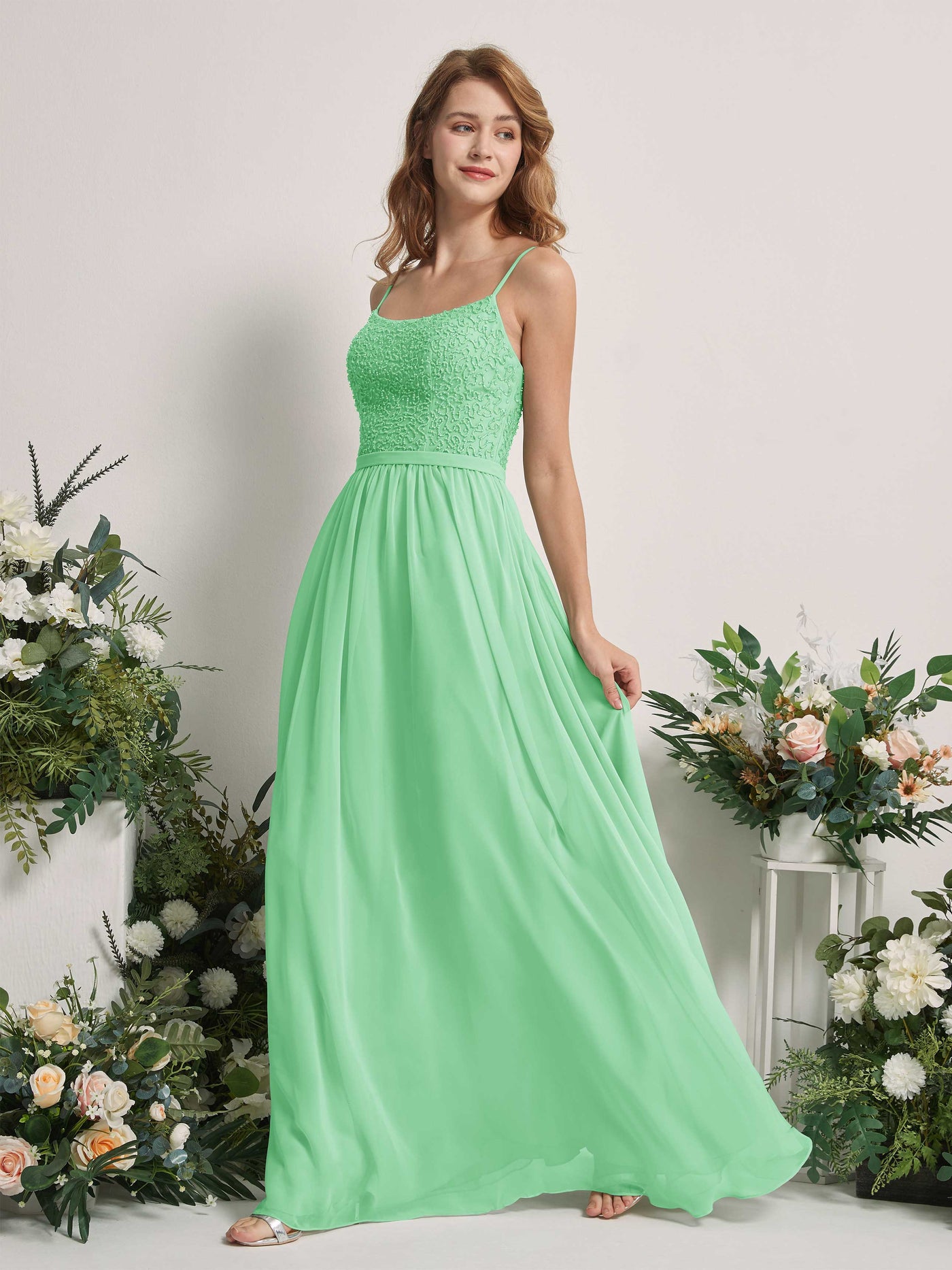 Mint Green Bridesmaid Dresses A-line Open back Spaghetti-straps Sleeveless Dresses (83220122)#color_mint-green