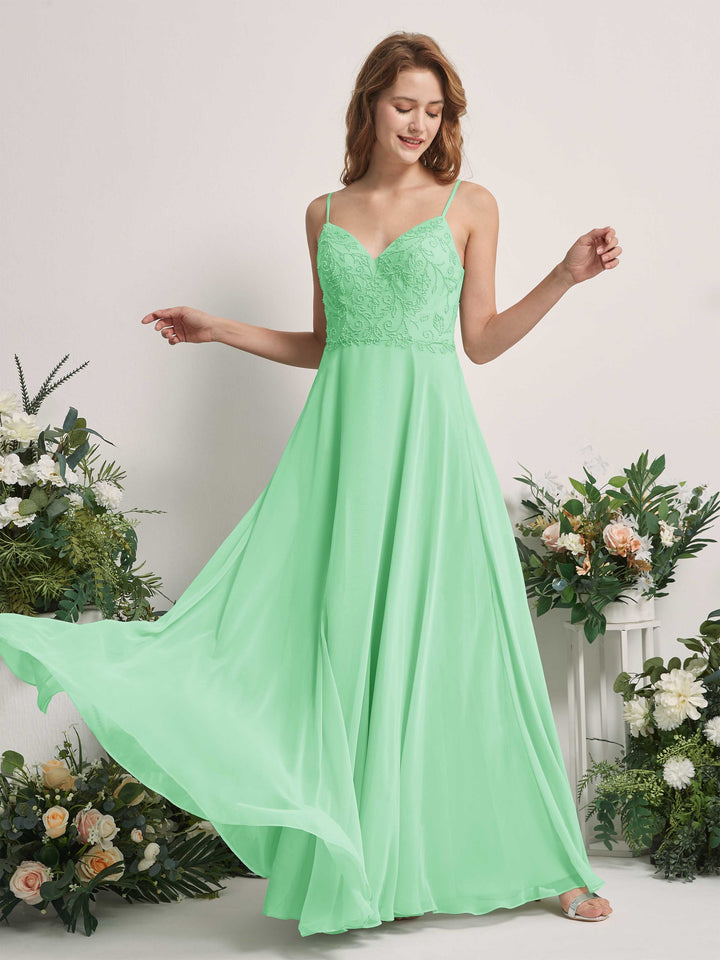 Mint Green Bridesmaid Dresses A-line Open back Spaghetti-straps Sleeveless Dresses (83221122)