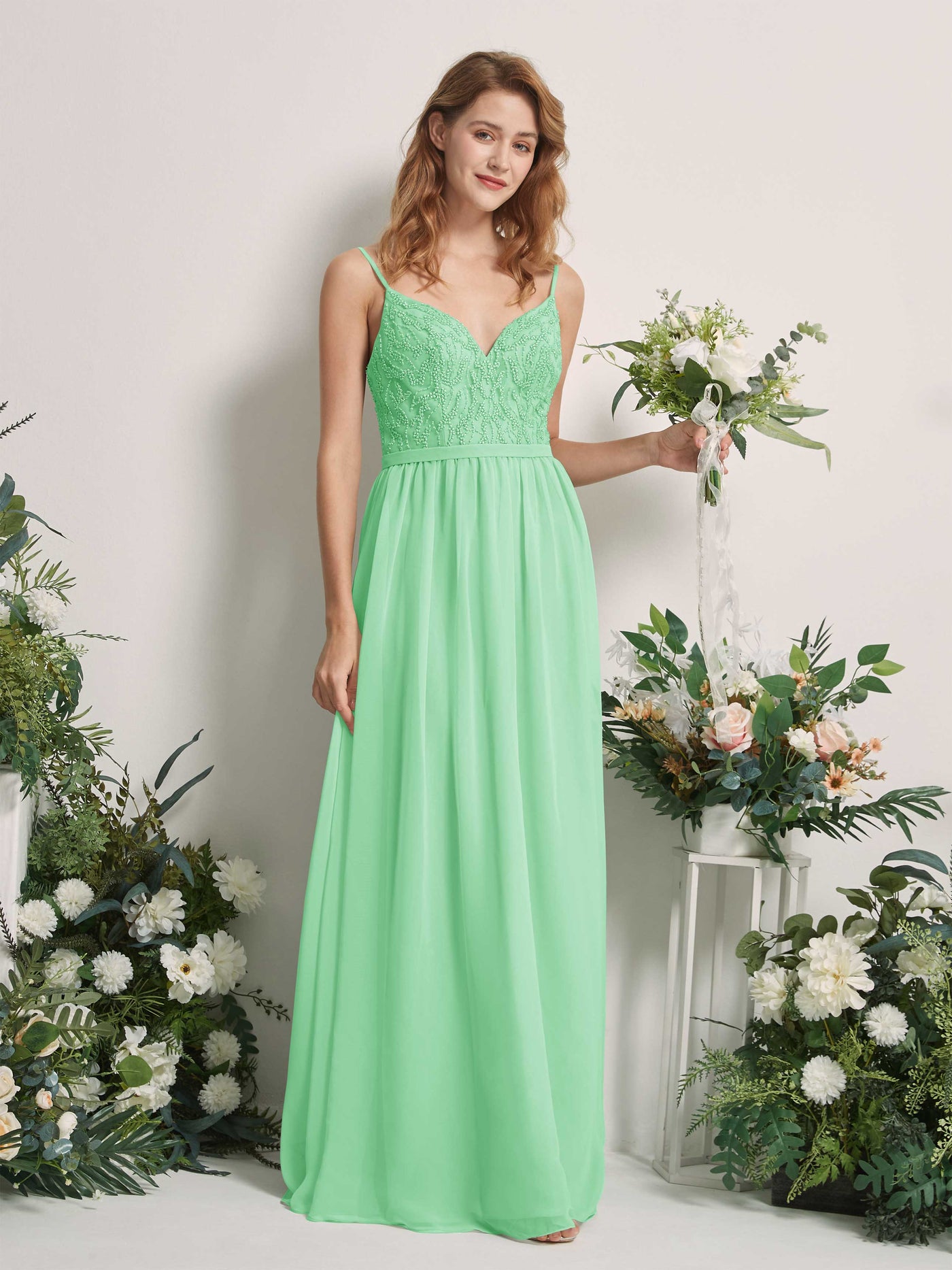 Mint Green Bridesmaid Dresses A-line Spaghetti-straps Sleeveless Chiffon Dresses (81226522)#color_mint-green
