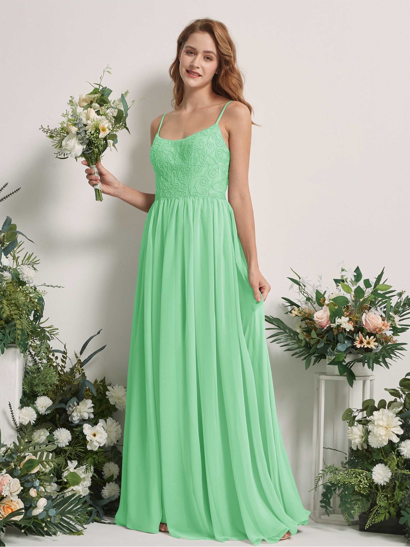 Mint Green Bridesmaid Dresses A-line Spaghetti-straps Sleeveless Chiffon Dresses (83221222)#color_mint-green
