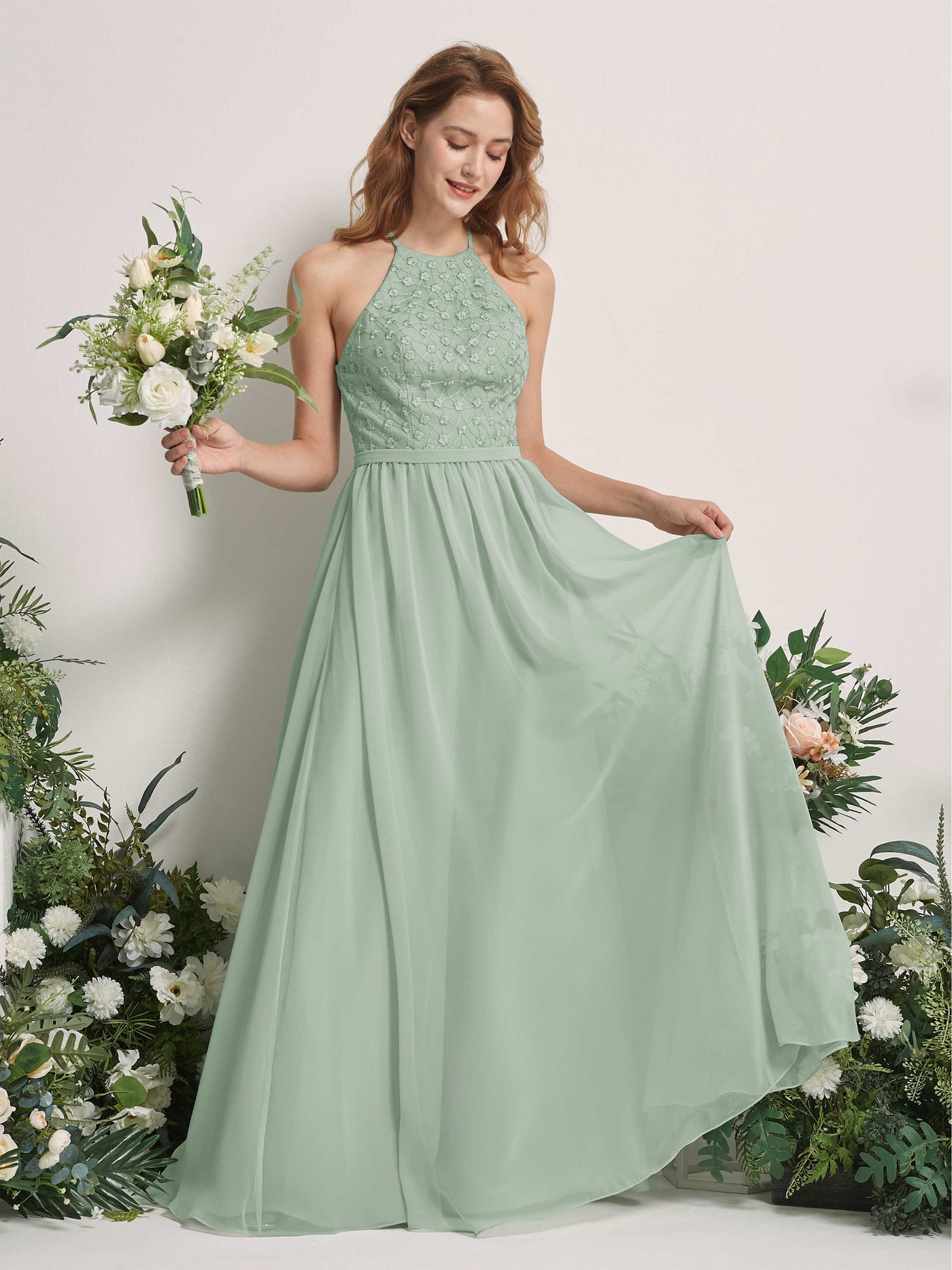 Sage Green Bridesmaid Dresses A-line Halter Sleeveless Chiffon Dresses (83220805)#color_sage-green