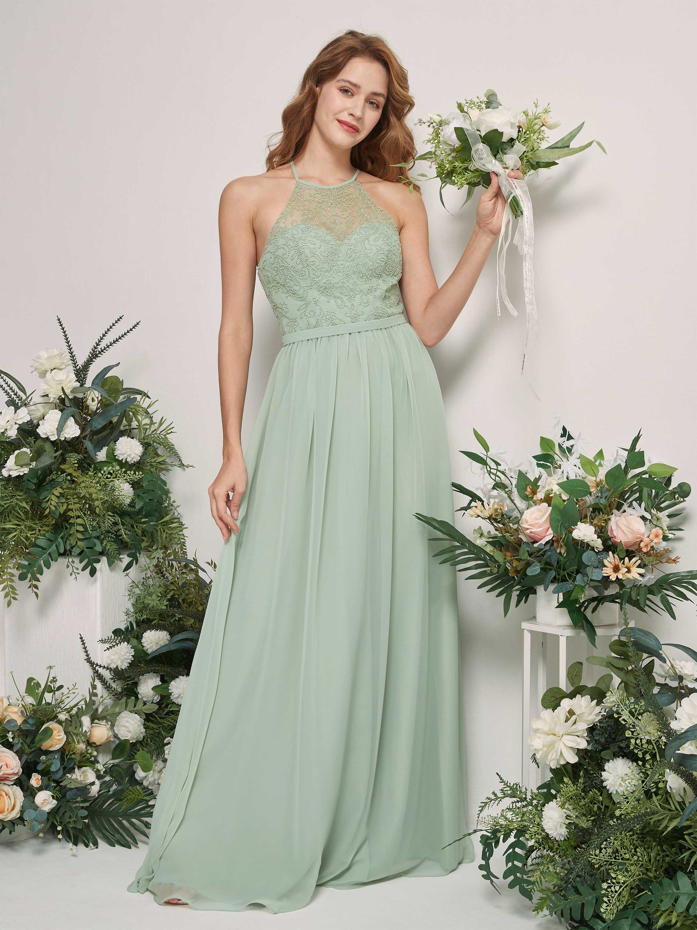 Sage Green Bridesmaid Dresses A-line Open back Halter Sleeveless Chiffon Dresses (83220205)#color_sage-green
