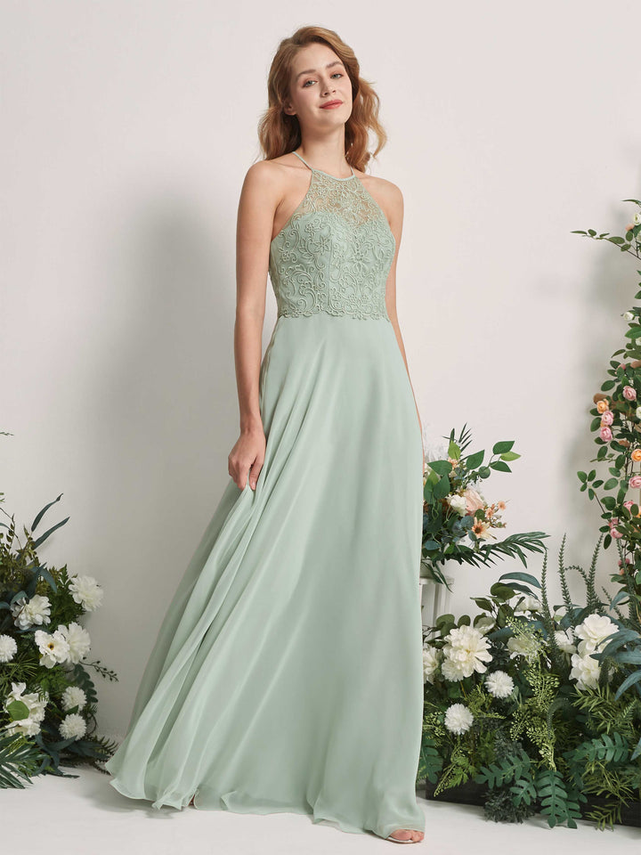 Sage Green Bridesmaid Dresses A-line Open back Halter Sleeveless Chiffon Dresses (83220305)