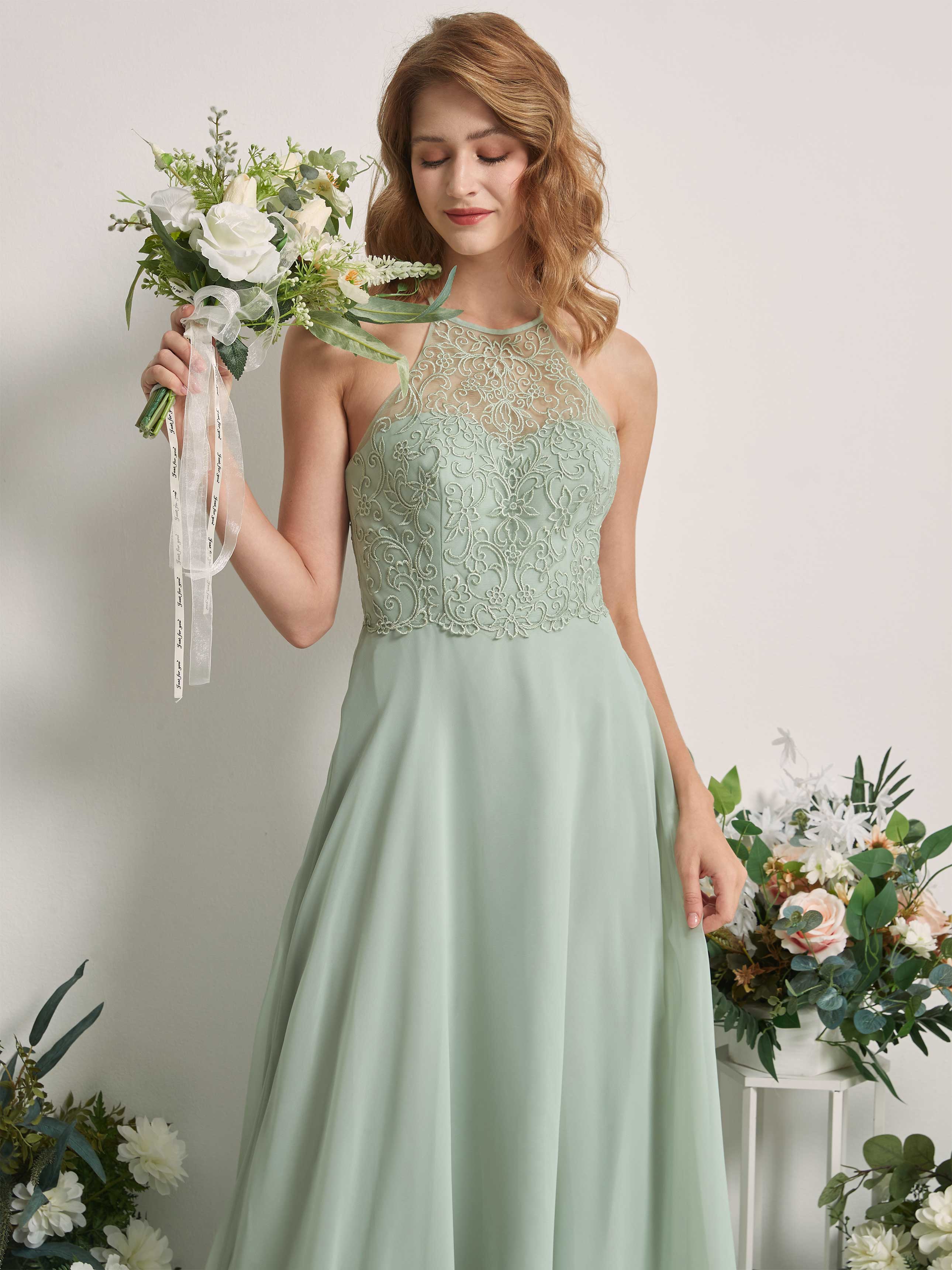 Sage Green Chiffon Bridesmaid Dress A-Line Maxi