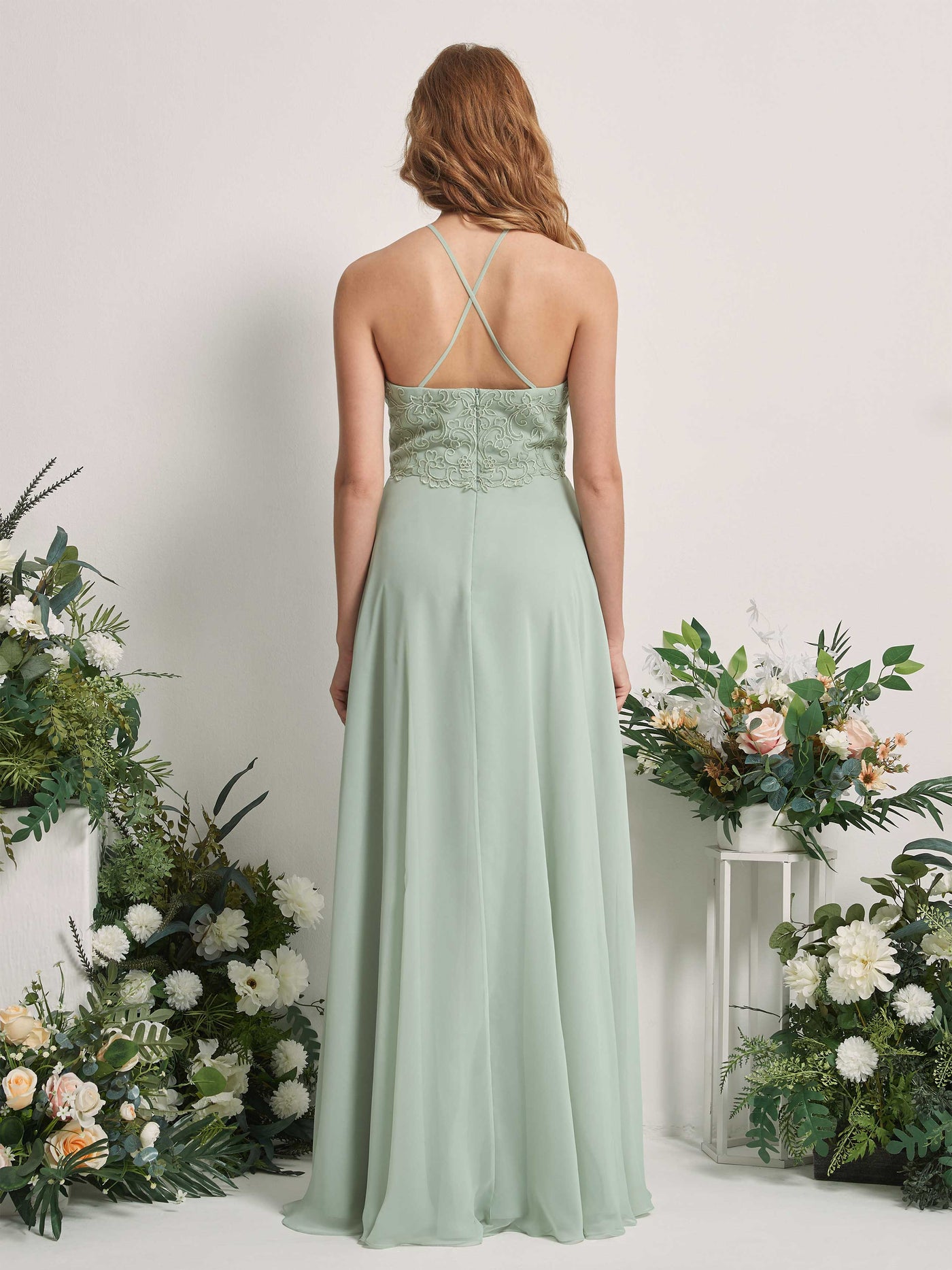 Sage Green Bridesmaid Dresses A-line Open back Halter Sleeveless Chiffon Dresses (83220305)#color_sage-green