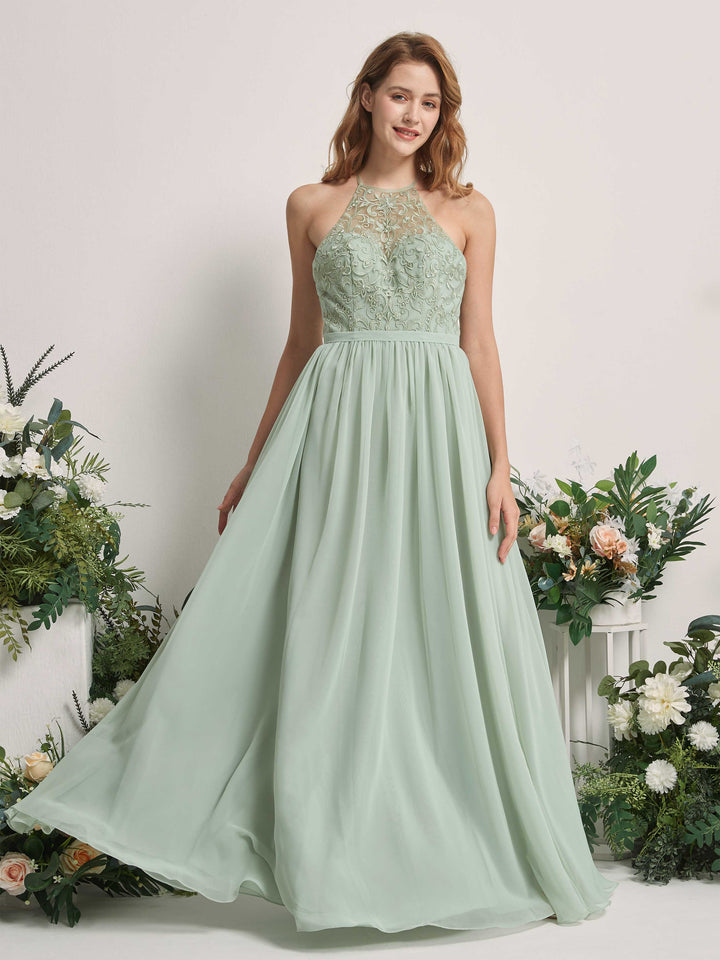 Sage Green Bridesmaid Dresses A-line Open back Halter Sleeveless Chiffon Dresses (83221005)