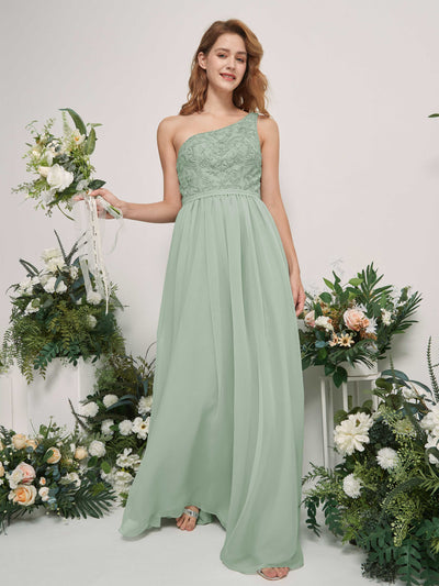 Carlyna Bonita A-Line Sage Green Embroidered Bridesmaid Dress Maxi Sleeveless One Shoulder Dress Side View 2 #color_sage-green