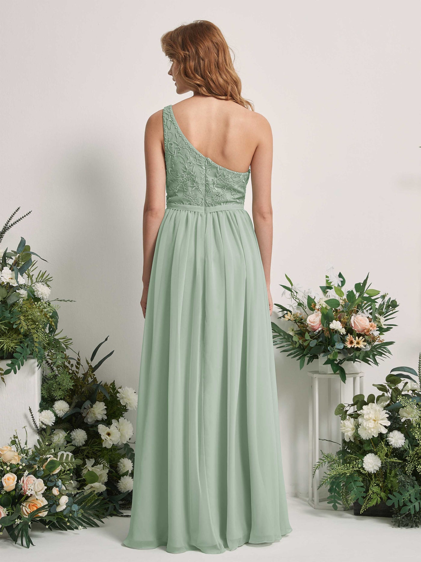 Sage Green Bridesmaid Dresses A-line Open back One Shoulder Sleeveless Dresses (83220505)#color_sage-green