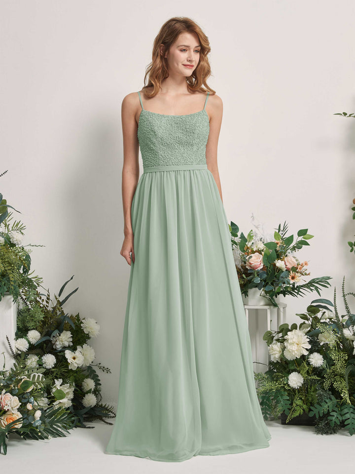 Sage Green Bridesmaid Dresses A-line Open back Spaghetti-straps Sleeveless Dresses (83220105)