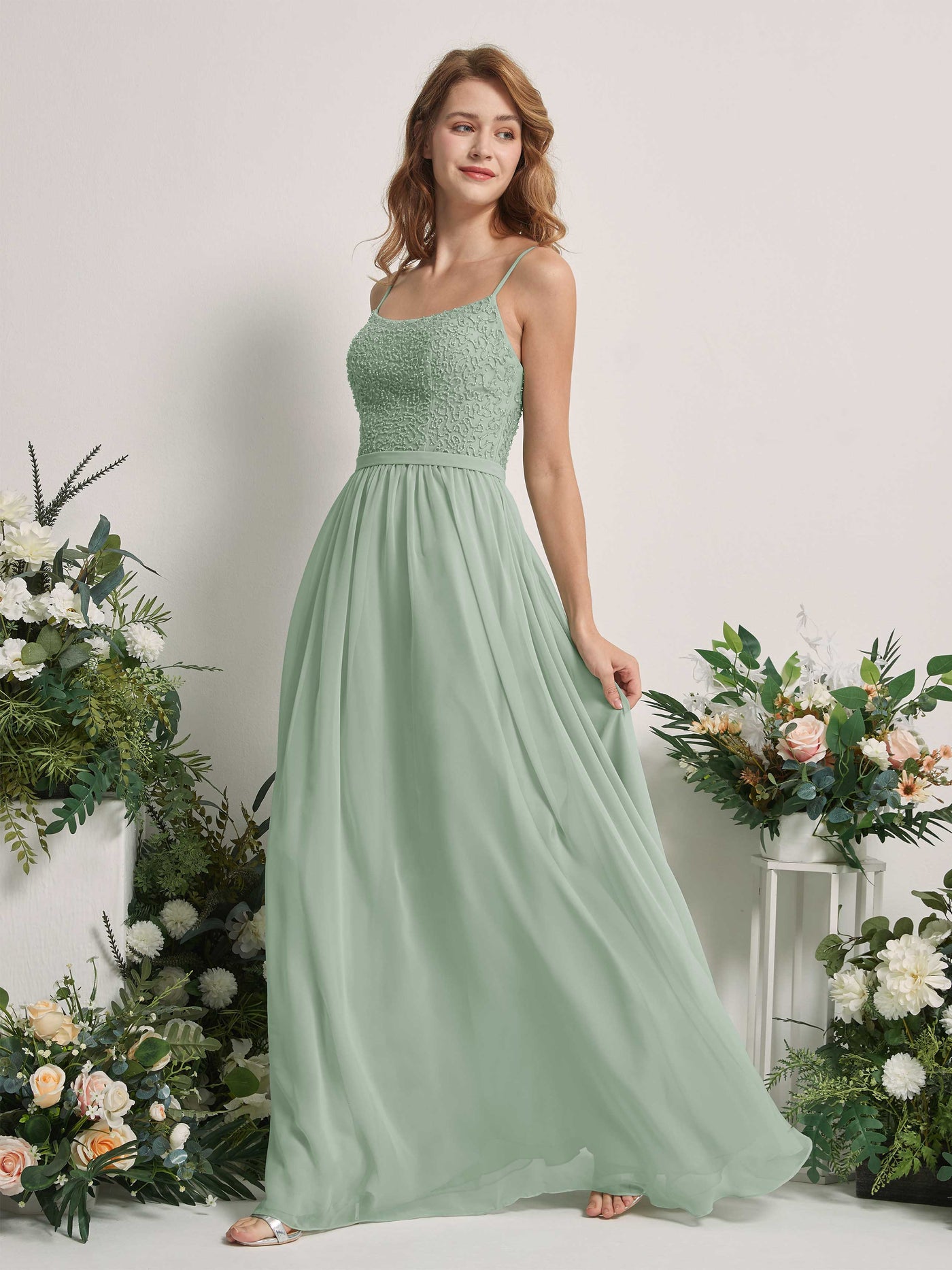 Sage Green Bridesmaid Dresses A-line Open back Spaghetti-straps Sleeveless Dresses (83220105)#color_sage-green