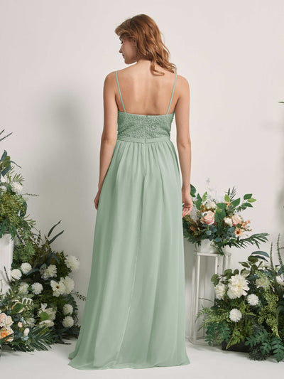 Carlyna Ursula A-Line Sage Green Beaded Bridesmaid Dress Maxi Sleeveless Sweetheart Dress Back View #color_sage-green