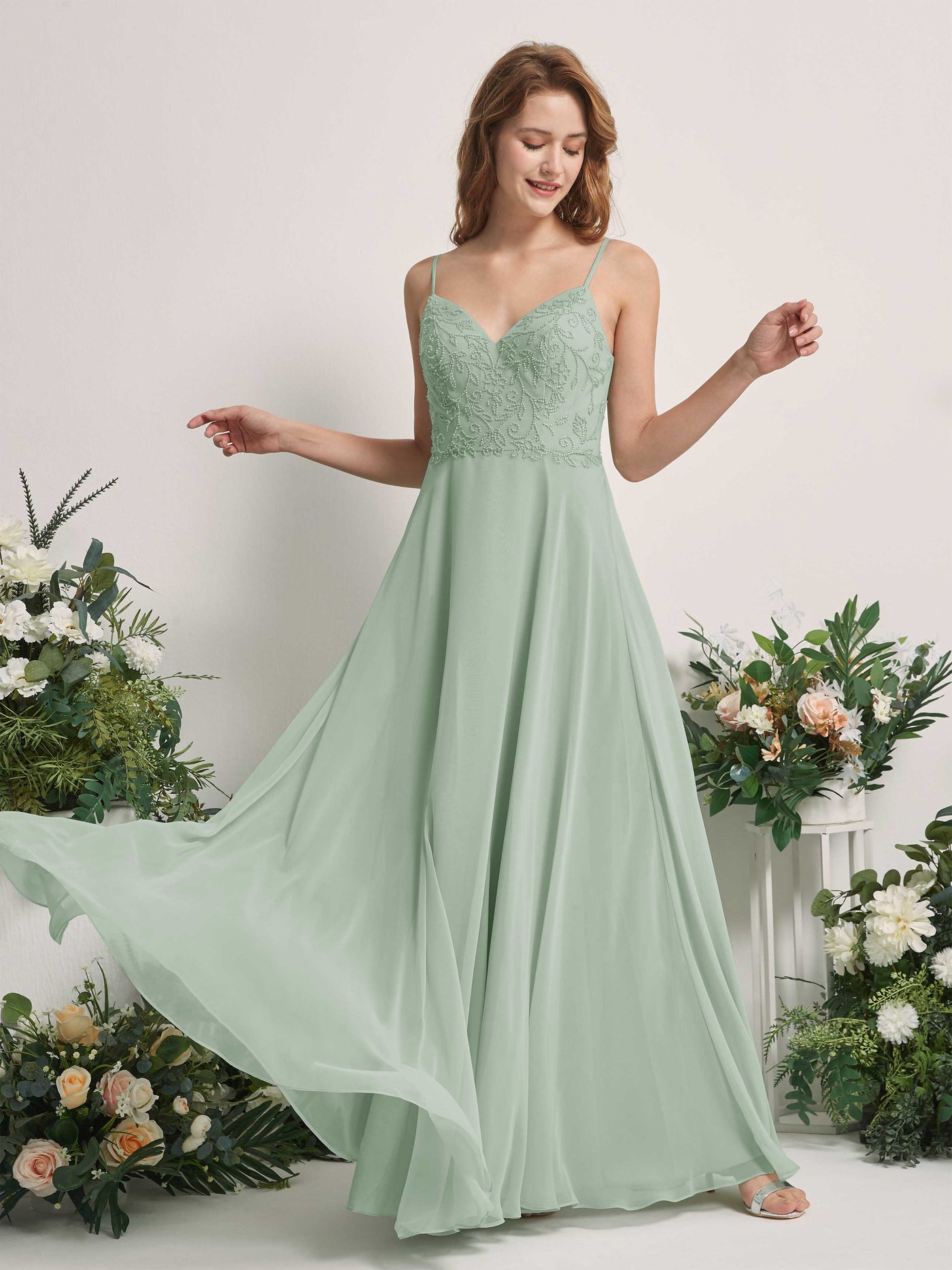 Pewter Chiffon V-Neck Bridesmaid Dress A-Line Floor-Length