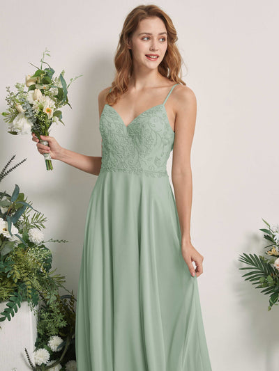 Carlyna Gail A-Line Sage Green Beaded Bridesmaid Dress Maxi Sleeveless V-Neck Dress Side View 2 #color_sage-green