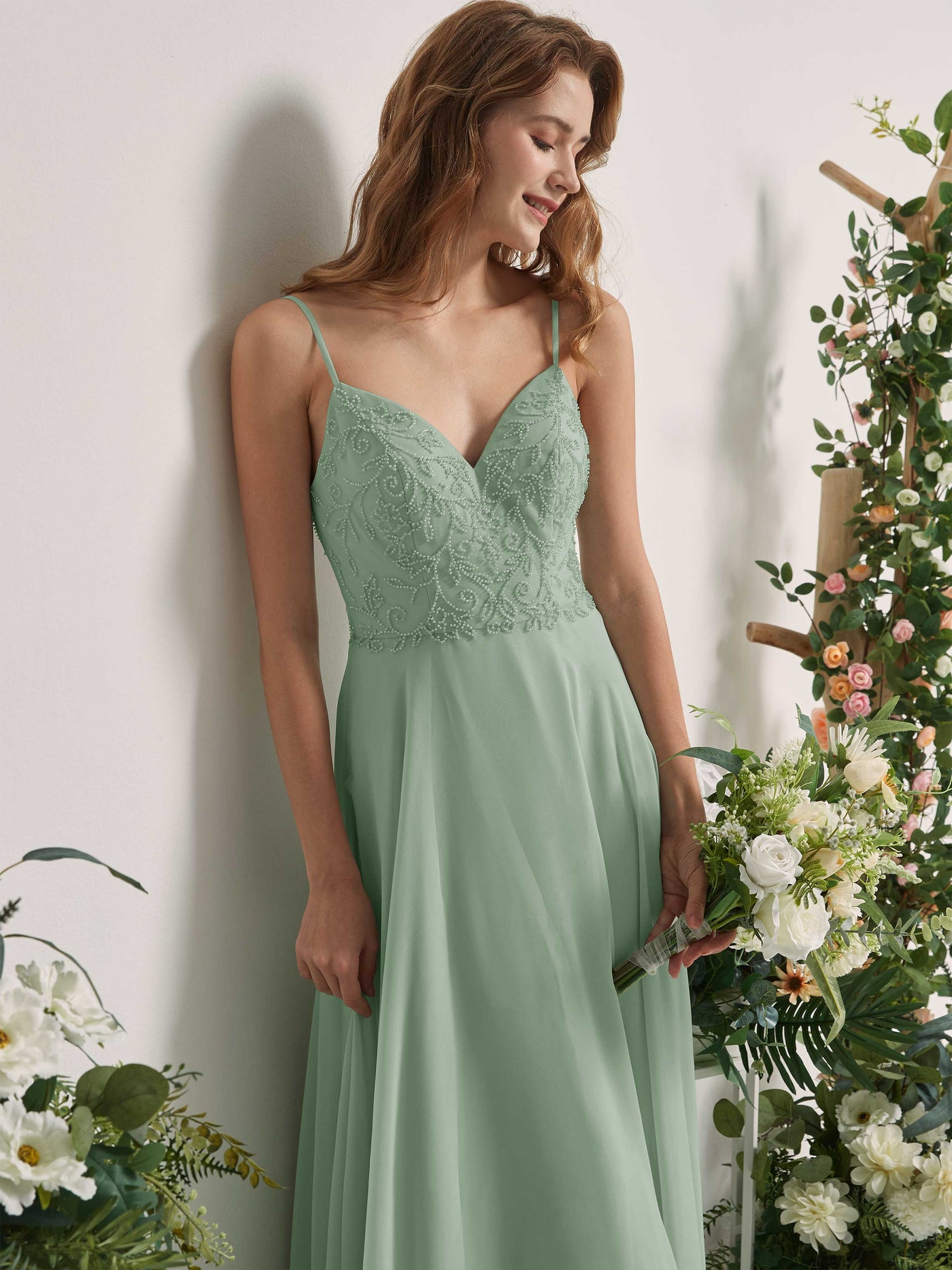 Sage Green Bridesmaid Dresses A-line Open back Spaghetti-straps Sleeveless Dresses (83221105)#color_sage-green