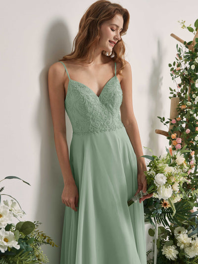 Carlyna Gail A-Line Sage Green Beaded Bridesmaid Dress Maxi Sleeveless V-Neck Dress Side View 3 #color_sage-green