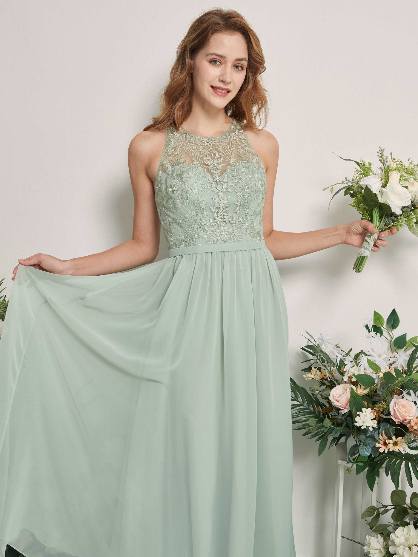 Sage Green Bridesmaid Dresses A-line Round Sleeveless Chiffon Dresses (83220905)#color_sage-green