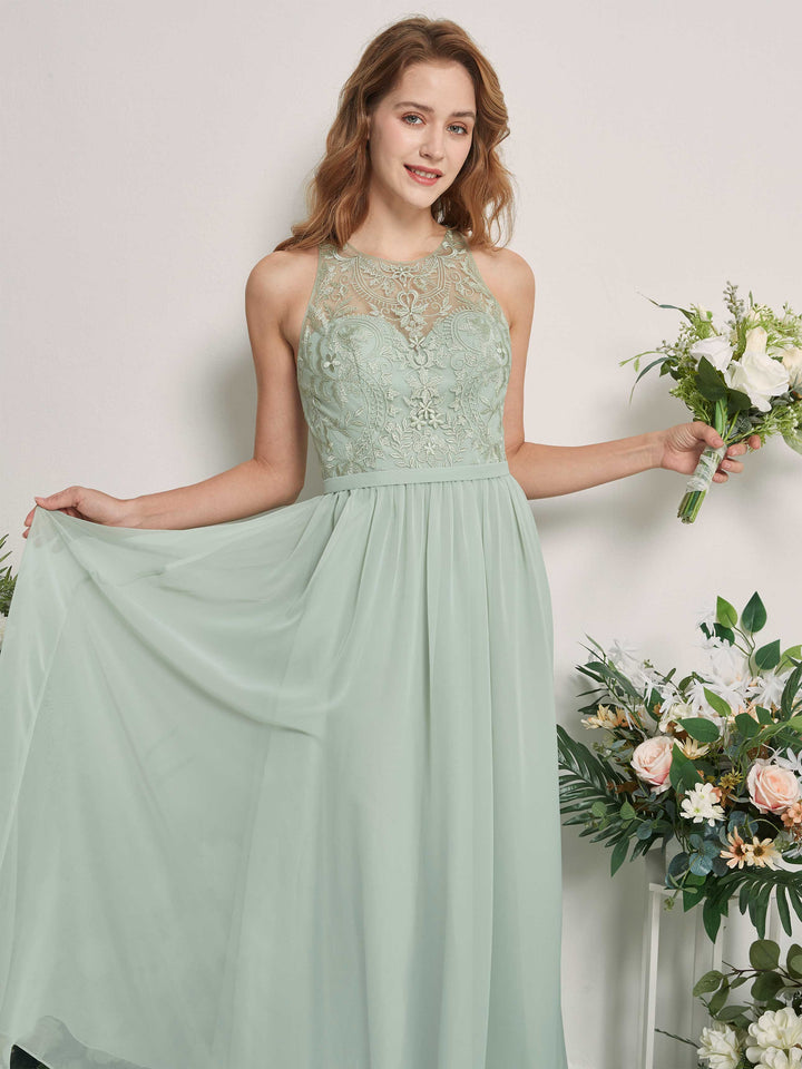 lace sage bridesmaid dresses Sage Green Lace Tulle Keyhole Back Bridesmaid Dress