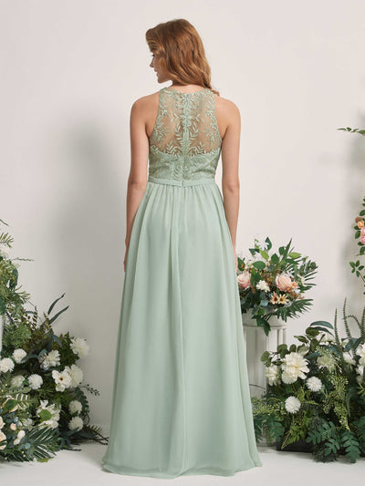 Carlyna Ellen A-Line Sage Green Embroidered Bridesmaid Dress Maxi Sleeveless Round Neck Dress Back View #color_sage-green